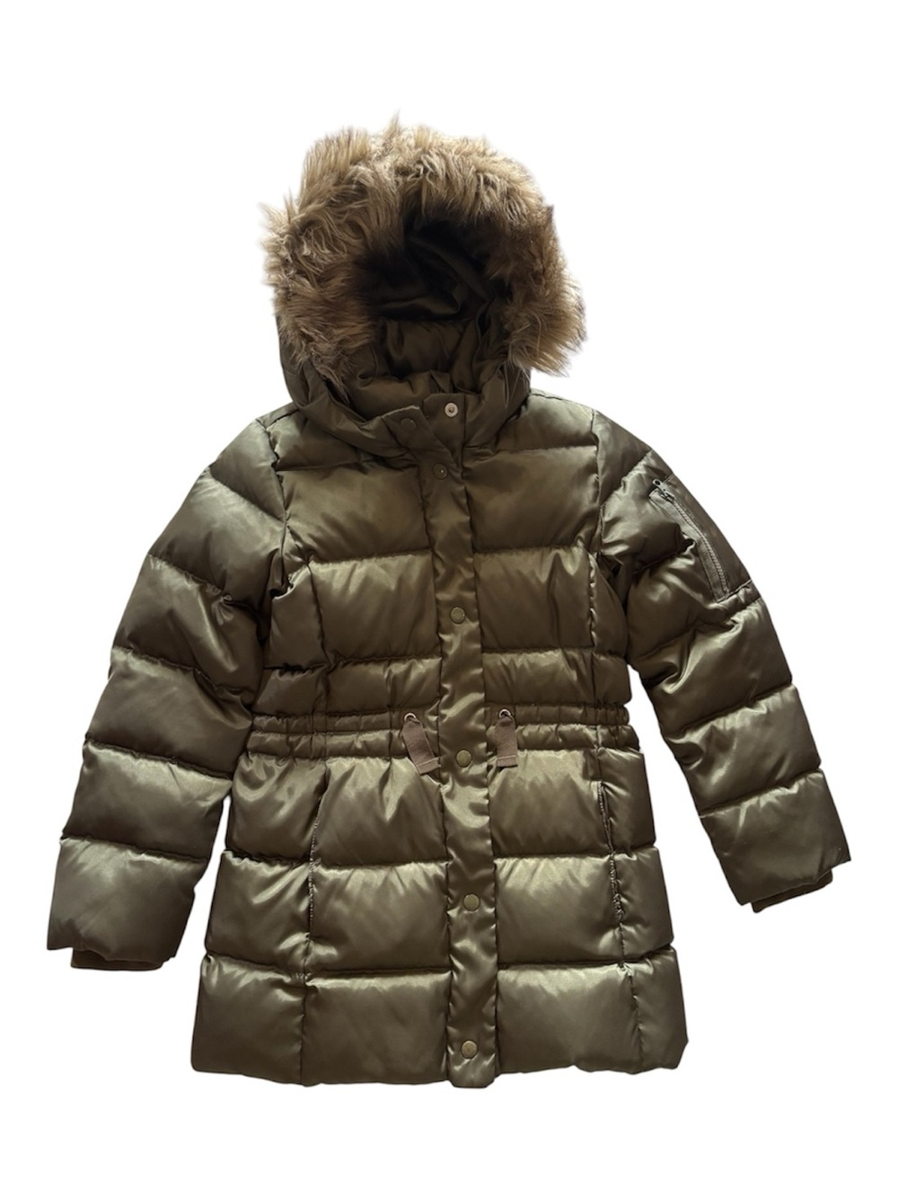 Gap Kids Long Warmest Puffer Jacket Faux Fur Hood Olive Green Size L (10-11)